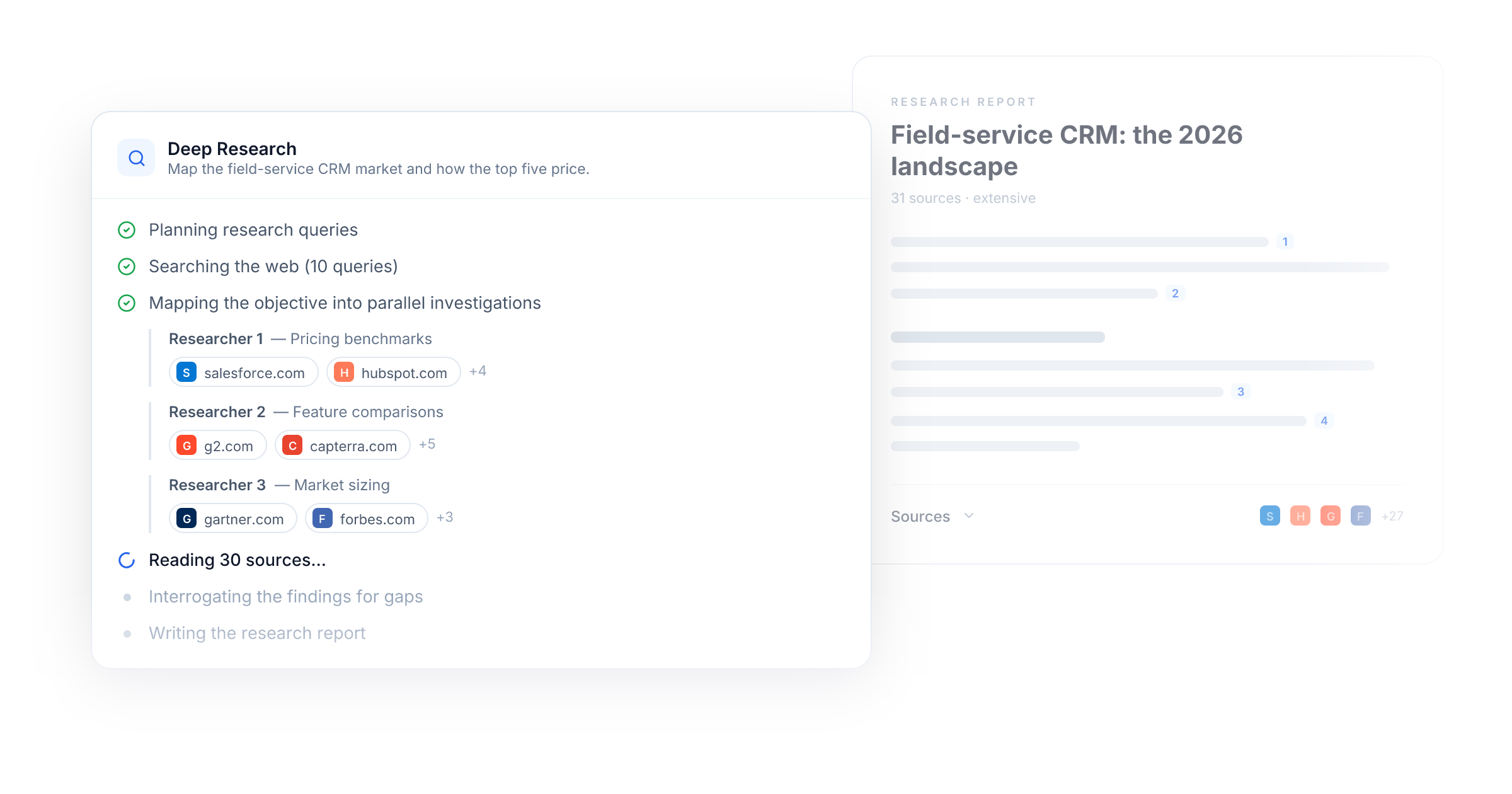 Deep Research running: live research steps with sources