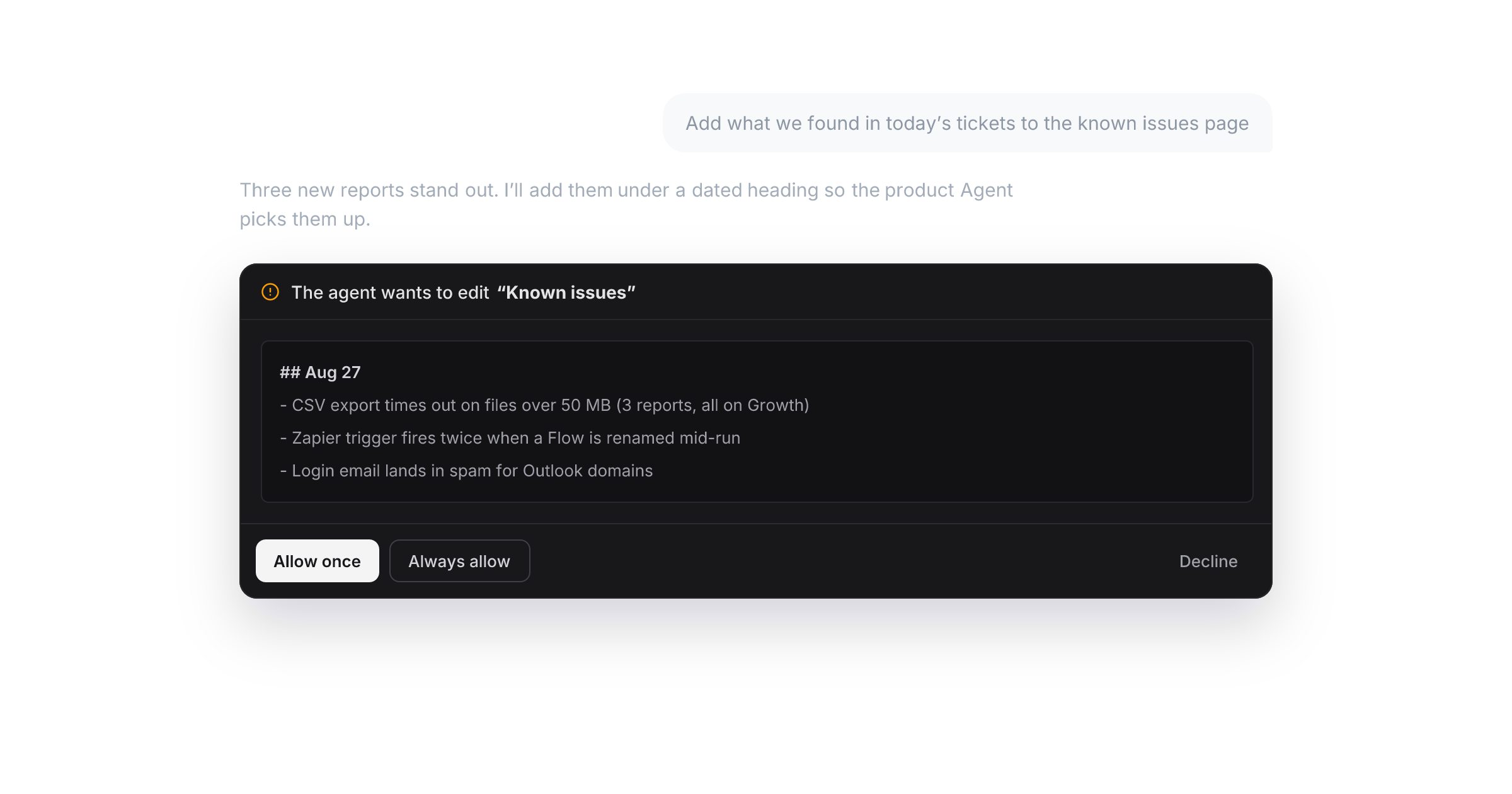 Asking an Agent to update a page in chat, with the approval card showing the pending edit