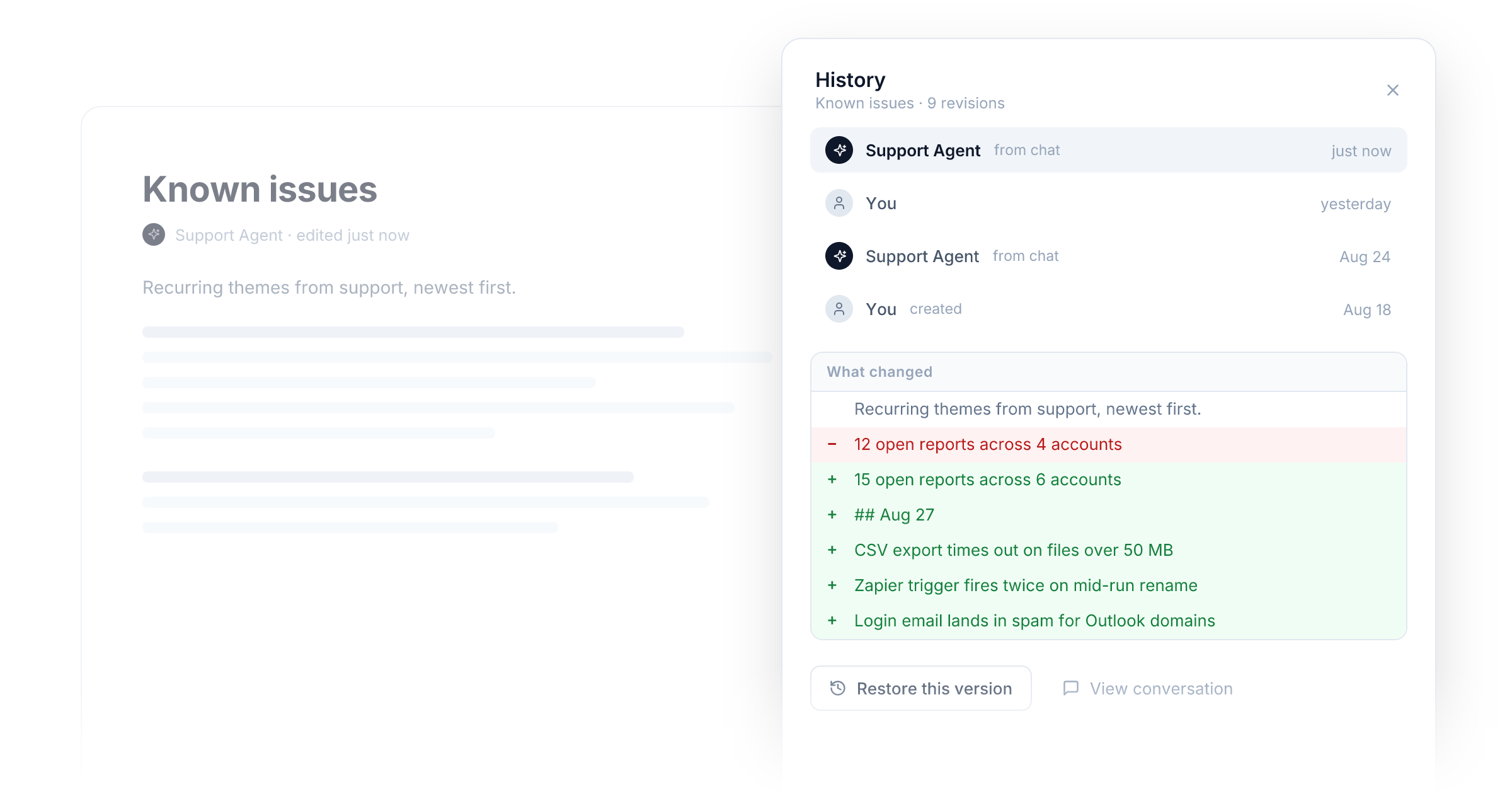 The revision history sheet, showing exactly what an Agent changed and a restore button