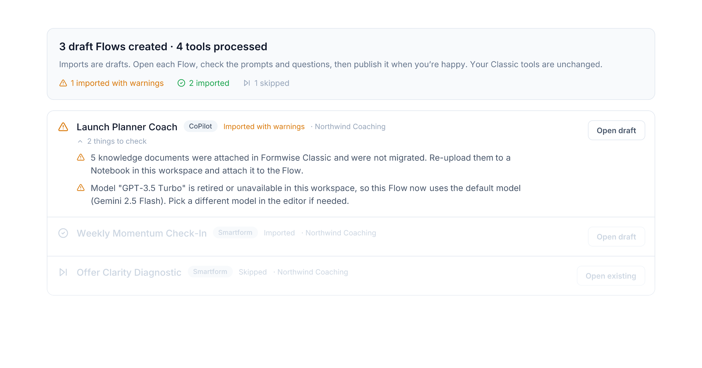 The import report: a summary of drafts created, then one row per tool with its warnings expanded and an Open draft button