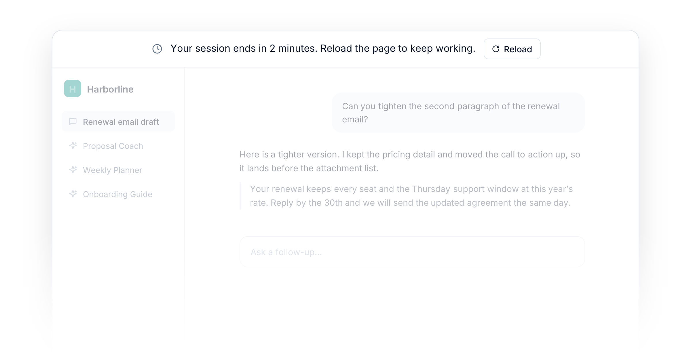 The Portal's session bar warning that the session ends in 2 minutes, with a Reload button