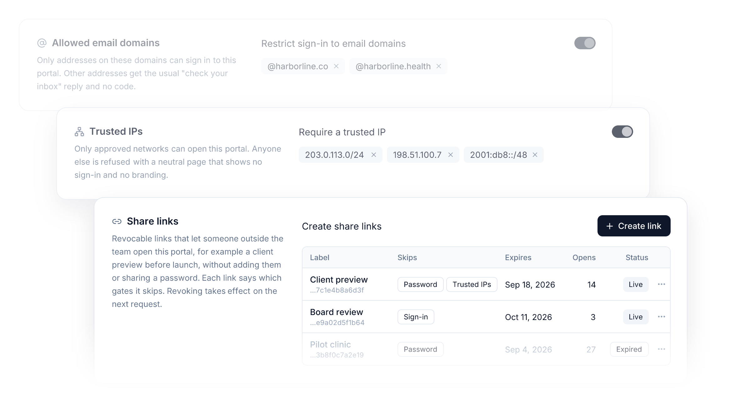 A Portal's Advanced Security Settings: allowed email domains and trusted IPs stacked behind the Share links card and its table of links